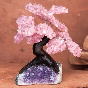 Rose Quartz Gemstone Crystal Tree, Amethyst Base💎